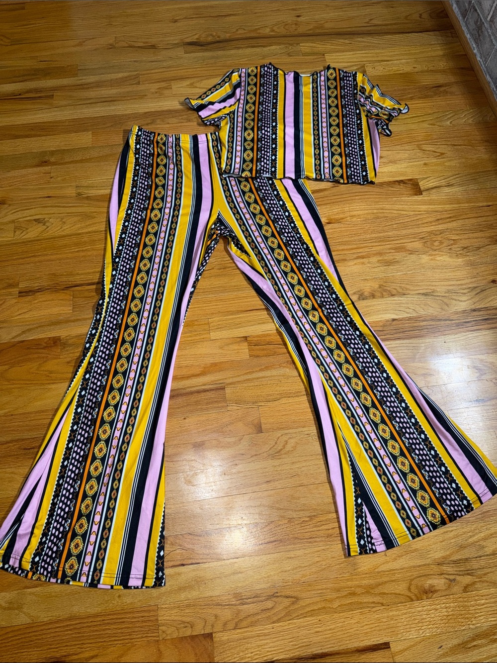 Boho Geometric Striped Flare Pants & Crop Top Matching 2-Piece Set 1XL